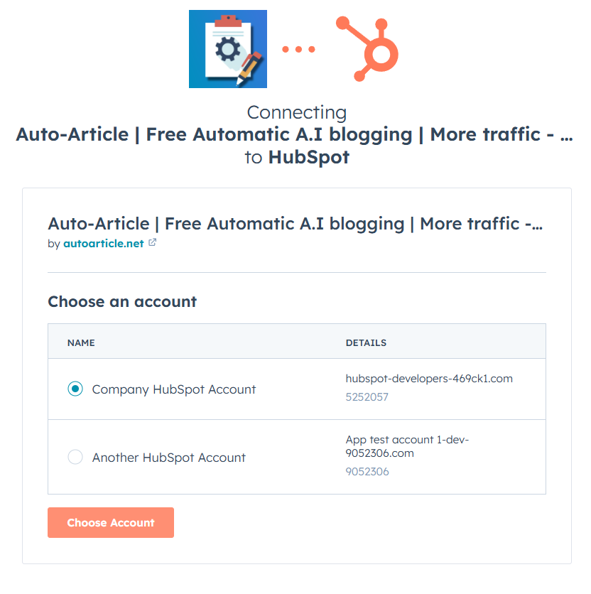 HubSpot account selection screen