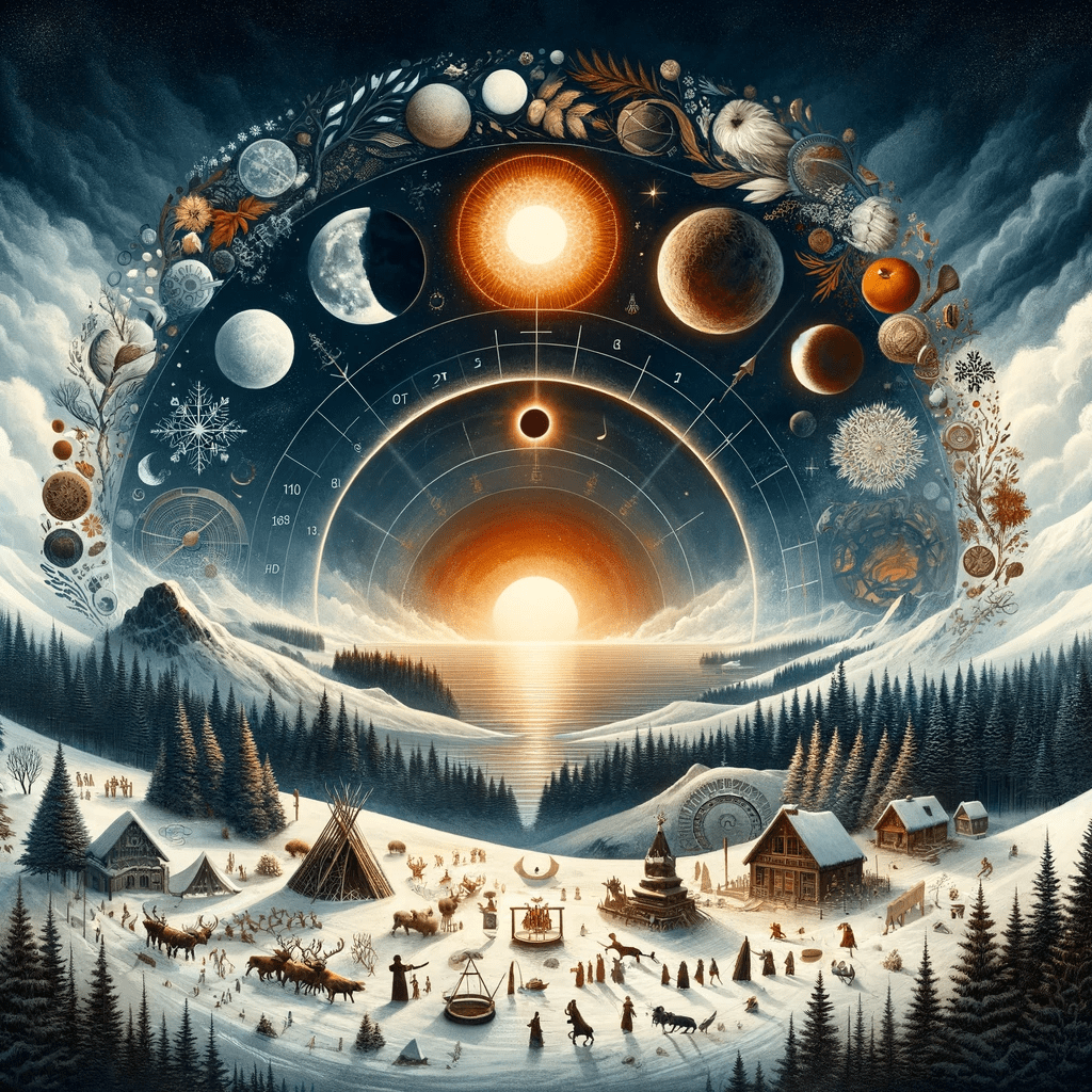 DALL·E 2023-12-21 11.43.20 - A representation of the winter solstice, capturing its astronomical and cultural significance. The image should feature elements that symbolize the sh