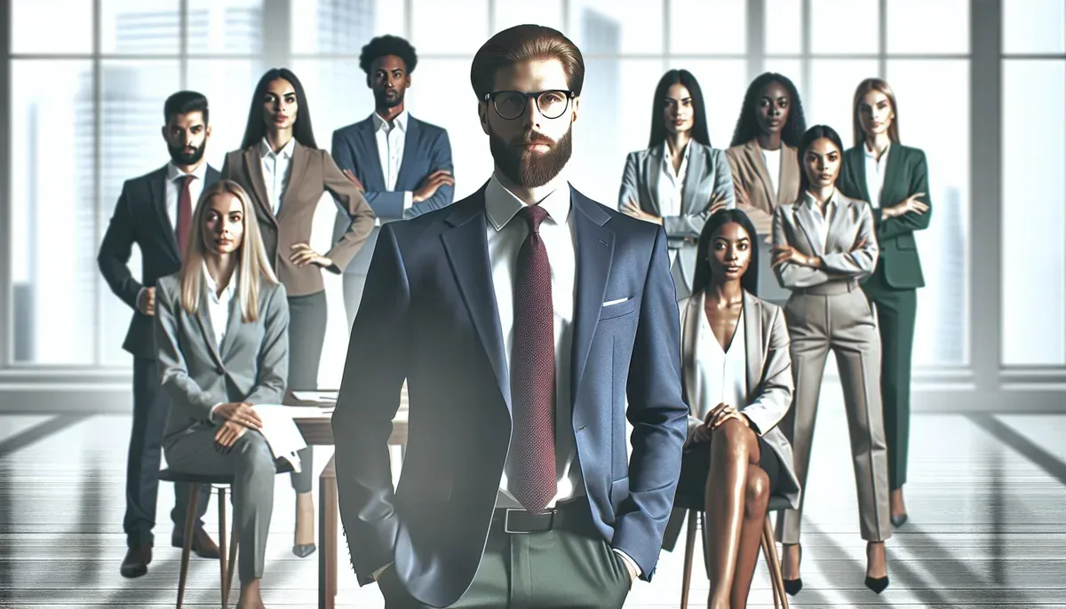 A confident professional leader standing at the forefront of a diverse team in a modern office setting, symbolising contemporary alpha leadership blending strength with empathy.