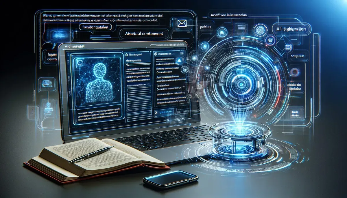A sleek digital workspace showing a laptop screen with WordPress open alongside an AI assistant interface generating text; futuristic holographic elements symbolising artificial intelligence integration surrounding the device.
