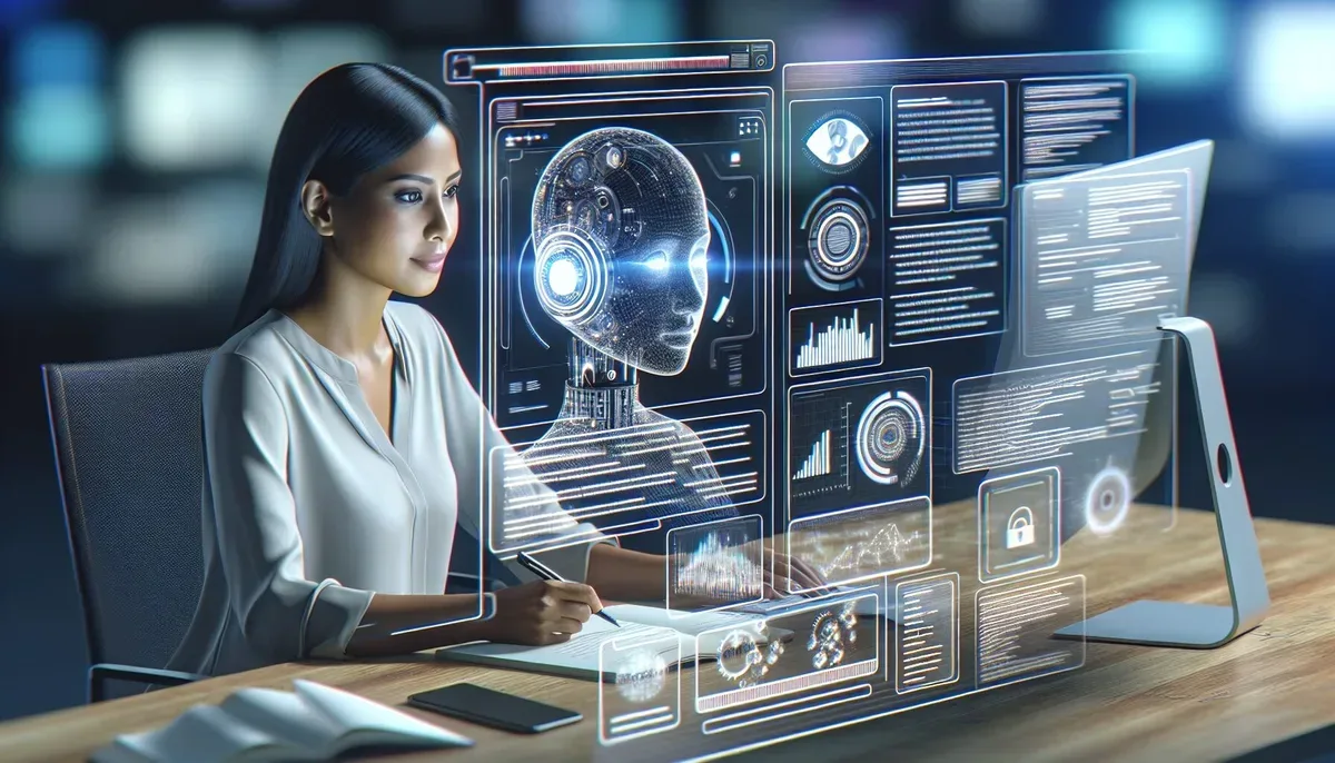 A futuristic digital workspace showing an AI assistant collaboratively writing a blog post with a human writer, surrounded by floating text snippets and data visualisations in a sleek modern environment