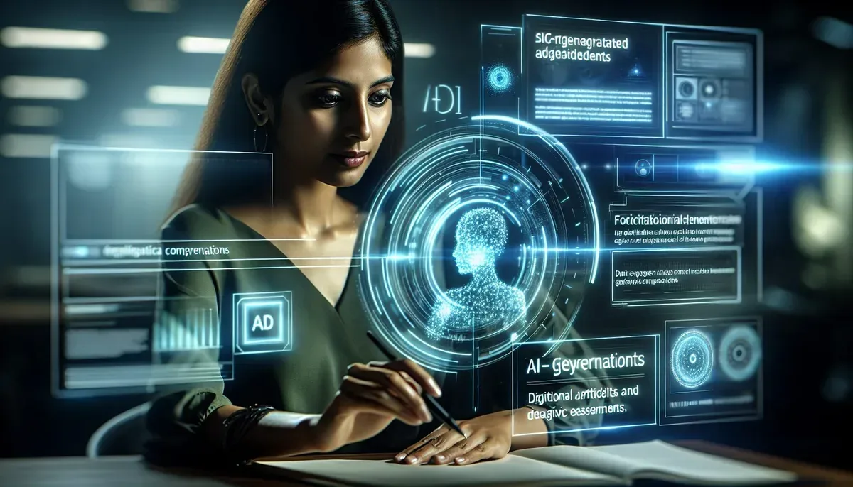 A futuristic workspace showing a person interacting with a holographic screen displaying AI-generated articles alongside Google AdSense ad metrics; digital elements glow softly with blue and green hues symbolising technology and growth.