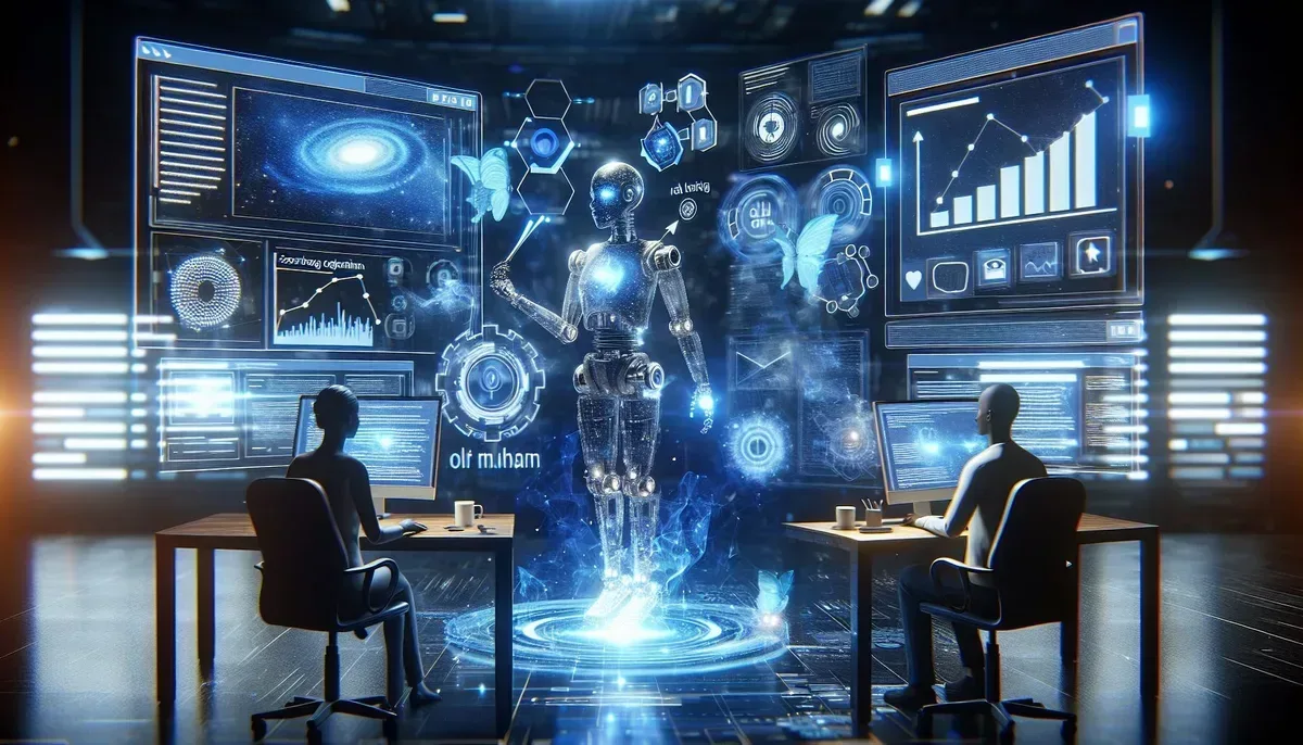 A futuristic digital workspace showing an AI-powered robot collaborating with a human editor on WordPress blog post creation; screens display graphs, SEO metrics, and flowing text content amidst glowing tech interfaces.