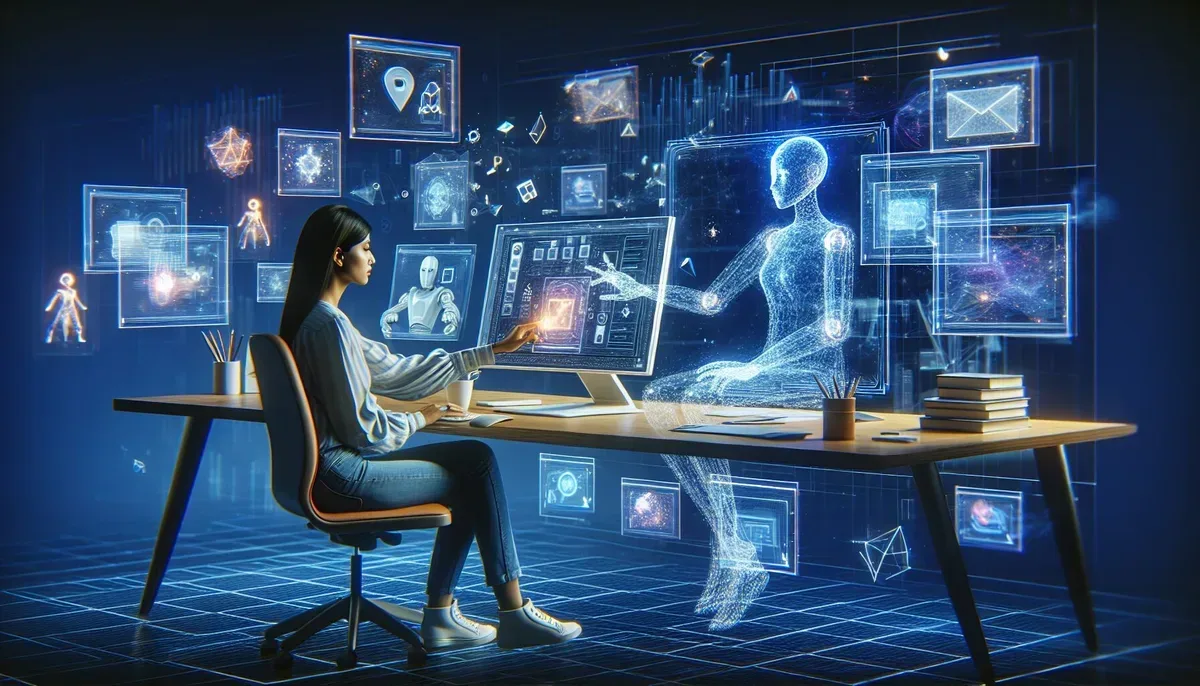 A futuristic workspace showing a person collaborating with an AI hologram assistant, generating written content on multiple digital screens surrounded by data streams and creative elements.