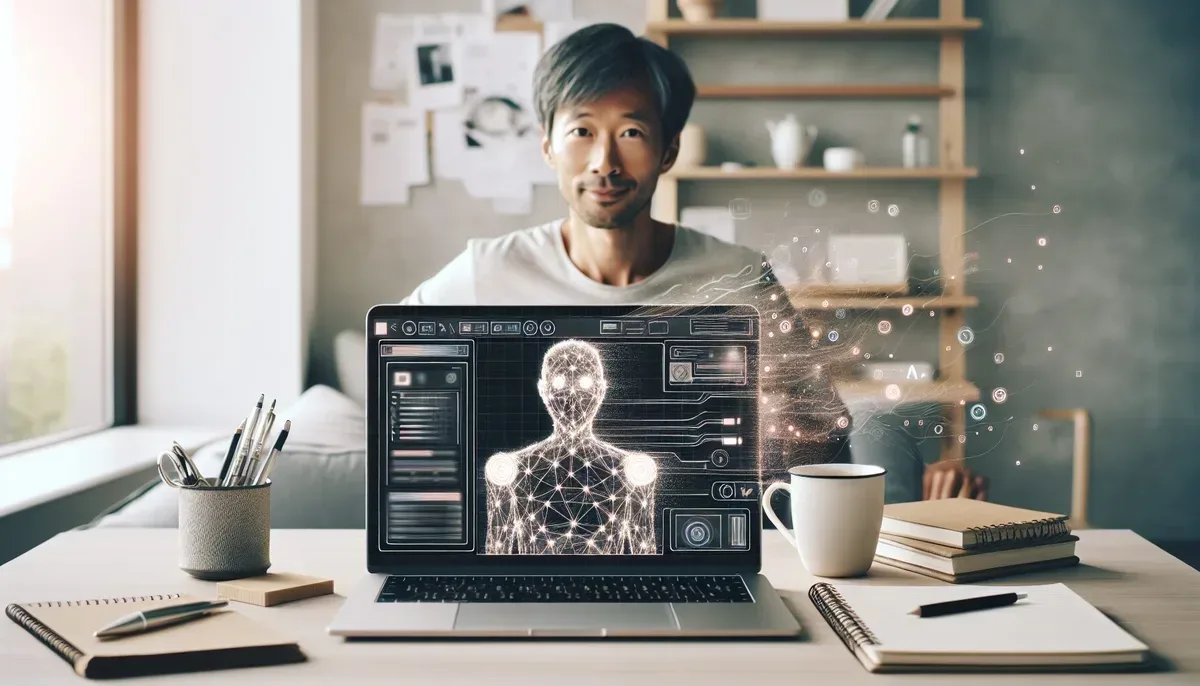 A modern workspace featuring a laptop displaying an AI-powered content creation tool interface, surrounded by notes and coffee, with a relaxed creator smiling in the background, emphasising efficiency and creativity in a bright, minimalist home office.