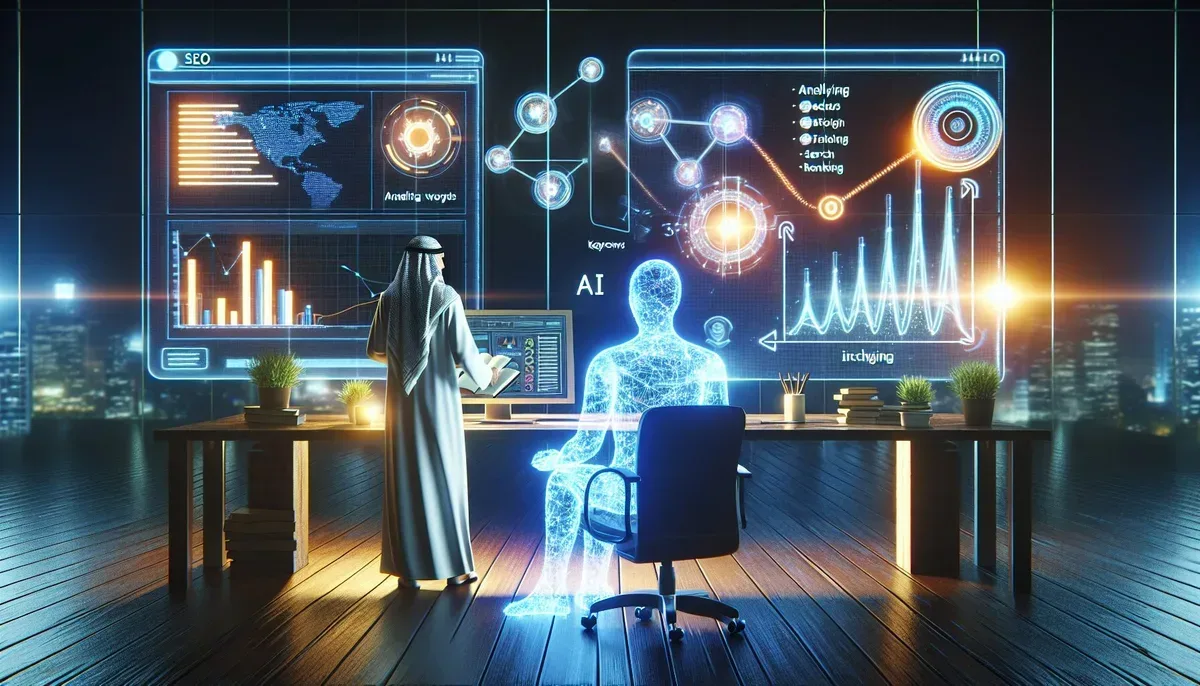 A futuristic digital workspace showing an AI-powered dashboard analysing SEO metrics with glowing data streams connecting keywords, charts displaying rising search rankings, alongside a human writer collaborating with an AI hologram in a modern office environment.