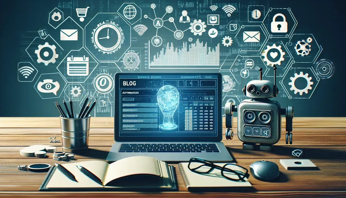 A modern workspace showing a laptop screen displaying a blog dashboard with scheduled posts, surrounded by icons representing automation such as gears, clock, AI robot assistant, and social media symbols.