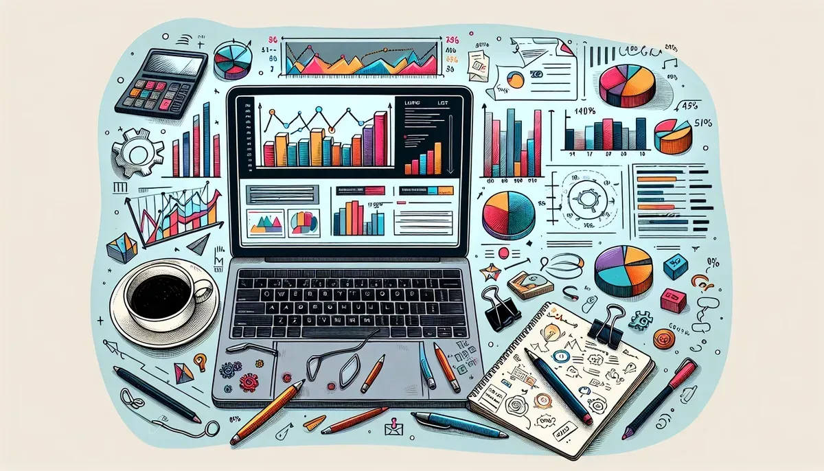 A modern workspace showing a laptop screen displaying a colourful analytics dashboard with graphs and charts, surrounded by notes and a cup of coffee, symbolising the blend of creativity and data-driven strategy in blogging.