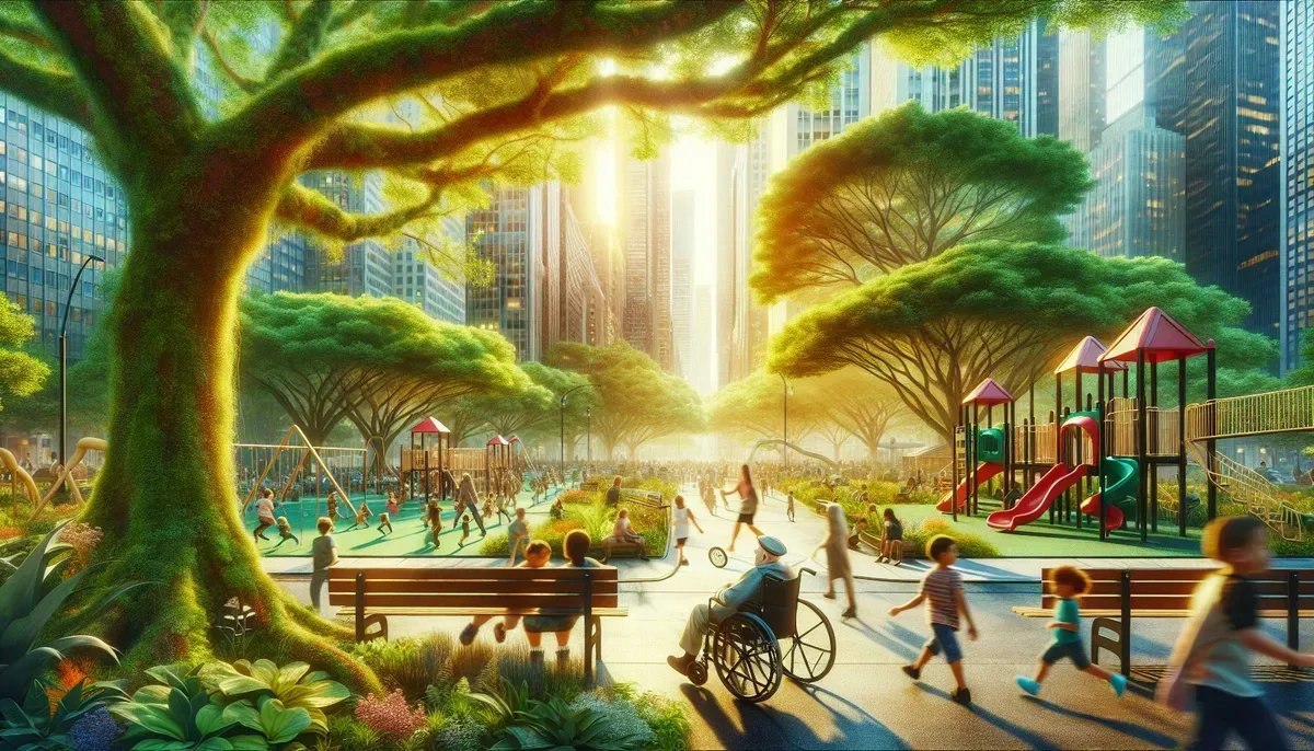 A vibrant city park scene featuring a diverse group of people—children playing, elderly individuals resting on benches, and a person using a wheelchair—surrounded by tall, leafy trees under a bright blue sky.