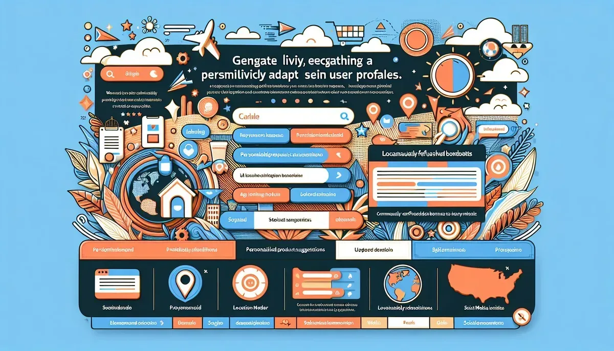 A vibrant illustration showing a website homepage dynamically changing its content based on user profiles—featuring elements like personalised product recommendations, location-based banners, and live social media feeds updating in real time.