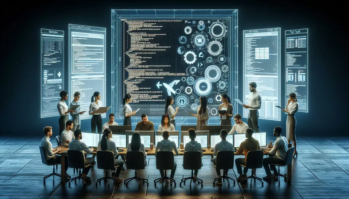 A diverse team of software developers and testers collaborating around a large screen displaying code and test results, highlighting an environment of teamwork and technical focus.