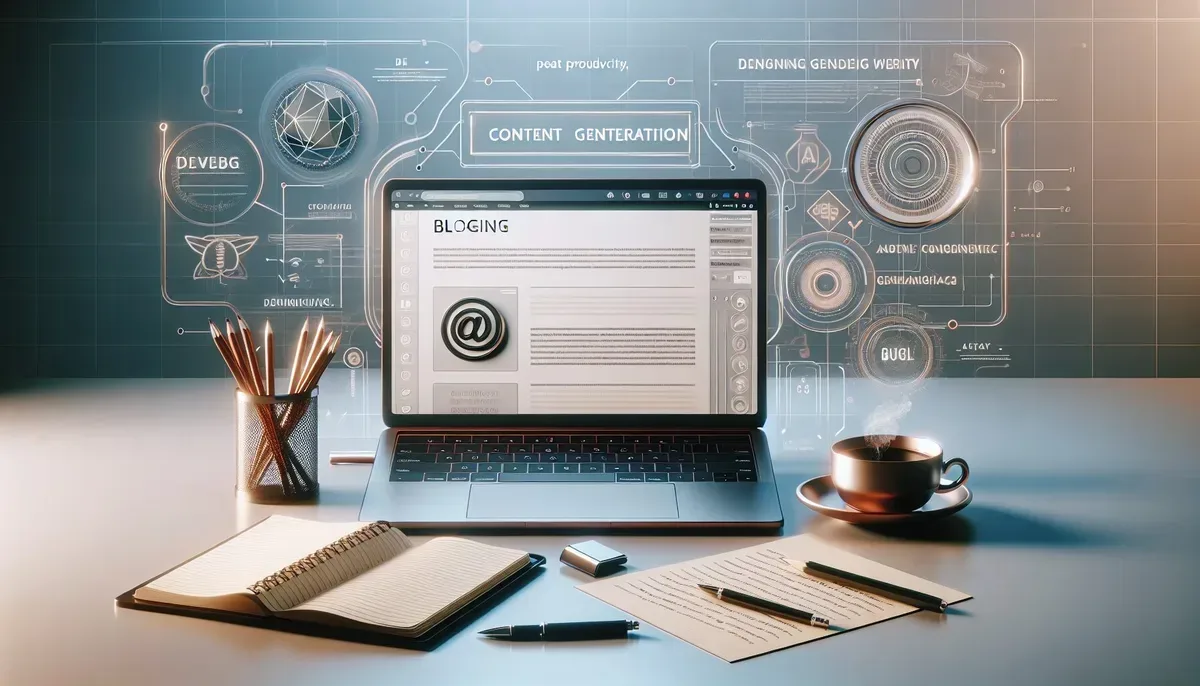 A modern workspace featuring a laptop displaying a WordPress dashboard with an AI-powered content generation plugin open; alongside notes and coffee cup symbolising productivity and technology working hand-in-hand.