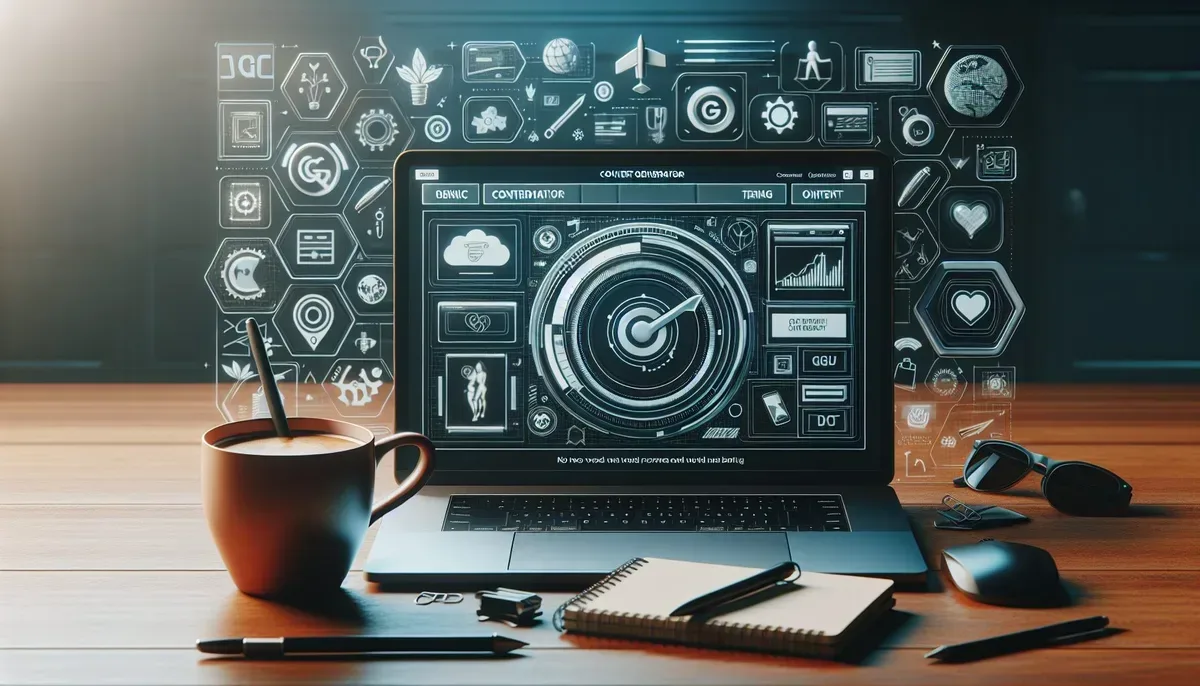 A sleek modern workspace showing a laptop screen displaying a WordPress dashboard with an AI content generator plugin active; beside it, a cup of coffee and notes with sketches representing digital trends and lifestyle icons like fitness, fashion, and wellness.