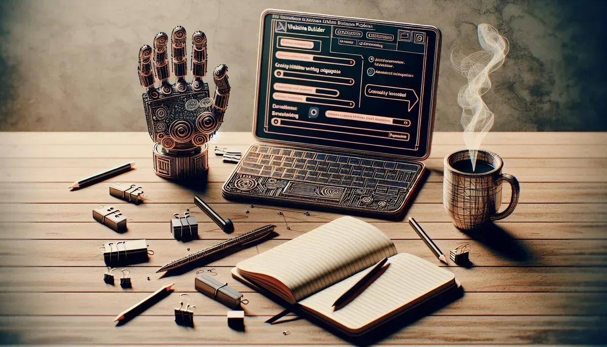 A modern workspace showing a laptop displaying a WordPress dashboard with an AI writing assistant plugin in action; beside it is a notebook with handwritten notes and a cup of coffee, symbolising the collaboration between human creativity and automated technology.