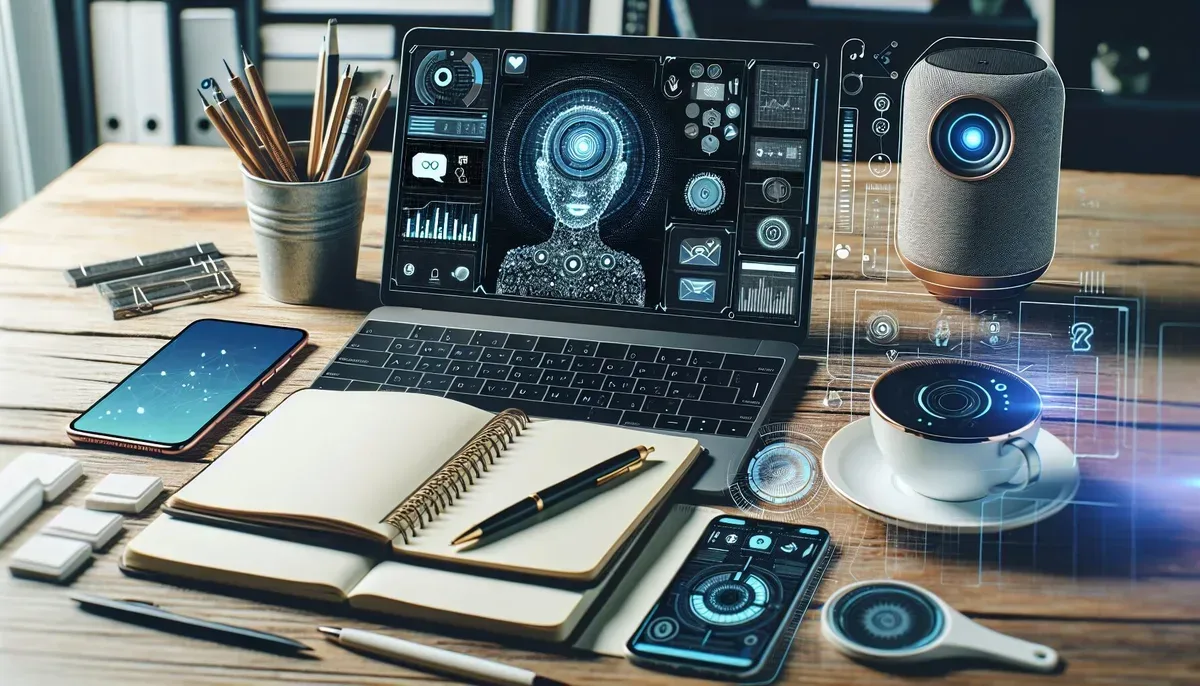 A modern workspace featuring a laptop displaying an AI writing assistant interface alongside a Google AdSense dashboard on screen, with a smartphone and smart speaker nearby illustrating integration of daily technology.