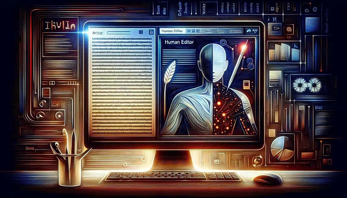 A sleek digital workspace showing a WordPress dashboard open on a computer screen with lines of AI-generated text appearing on one side and a human editor reviewing and refining the draft on the other side, symbolising the blend of automation and craftsmanship.