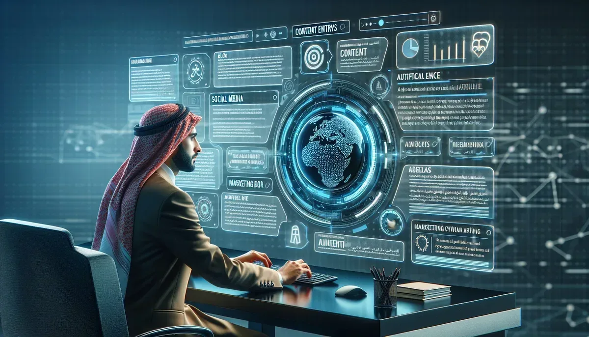 A futuristic workspace showing a person collaborating with an AI interface on a large transparent screen displaying various types of content—blog posts, social media snippets, and marketing copy—highlighting the adaptability and versatility of AI-generated writing.