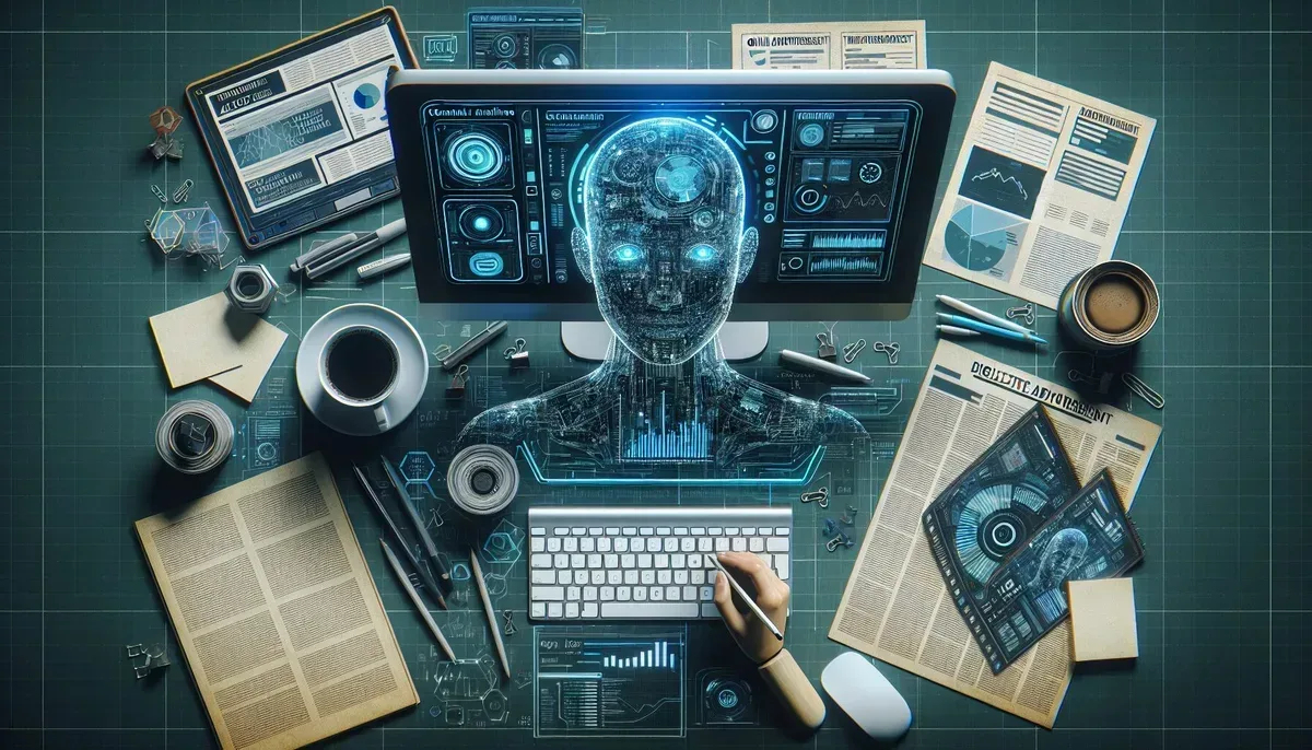 A modern workspace showing a computer screen displaying an article draft generated by AI alongside Google AdSense dashboard analytics, with coffee cup and notes scattered around, symbolising the blend of technology and human creativity in online monetisation.