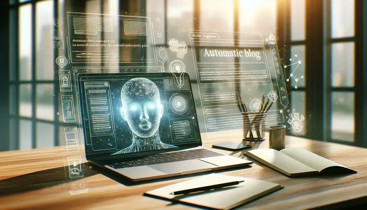 A modern workspace showing a laptop with a WordPress dashboard open on screen displaying an auto-generated blog post draft alongside AI interface elements; ambient natural light streams through a window highlighting the blend of technology and creativity.