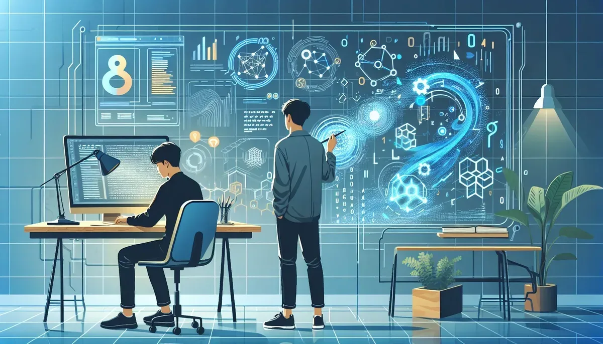 A futuristic workspace showing a human writer collaborating with a holographic AI assistant that displays flowing streams of text and data visualisations on transparent screens.