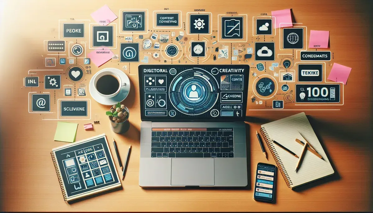 A modern workspace featuring a laptop displaying content editing software with AI-generated text suggestions visible on screen. Surrounding the laptop are notes, a cup of coffee, and a smartphone showing scheduled social media posts, symbolising efficient and creative digital content creation.