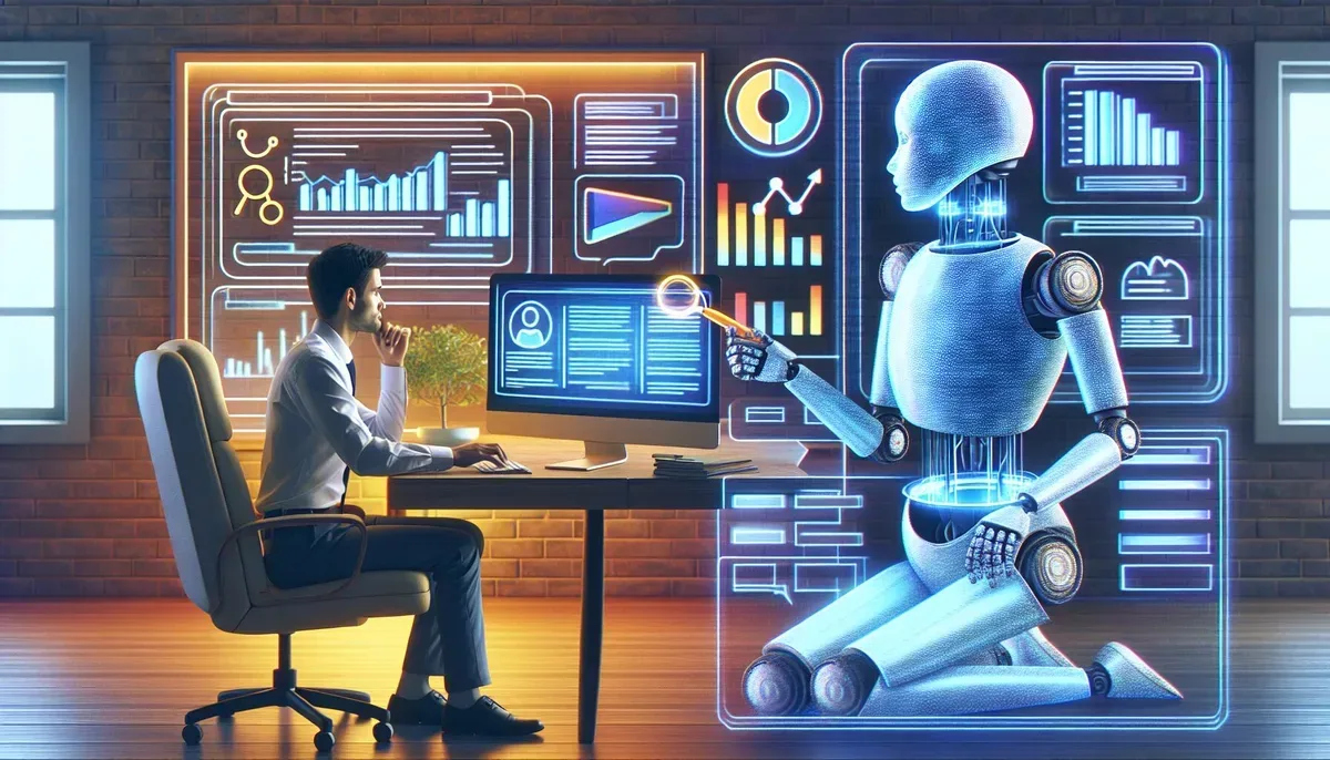 A modern workspace showing a marketer collaborating with an AI assistant on a computer screen displaying keyword analytics and draft content suggestions, symbolising human-AI partnership in SEO content creation.