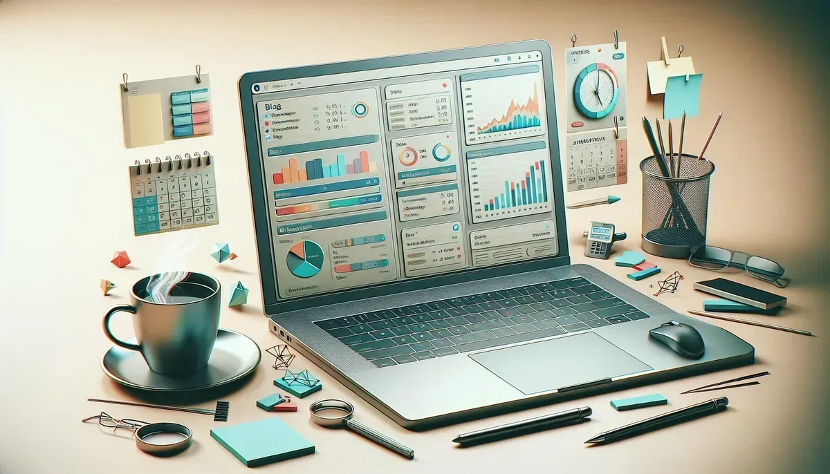A sleek modern workspace showing a laptop screen with a blog dashboard open displaying scheduled posts and analytics graphs, surrounded by coffee cup and notes, symbolising productivity and automated blogging.