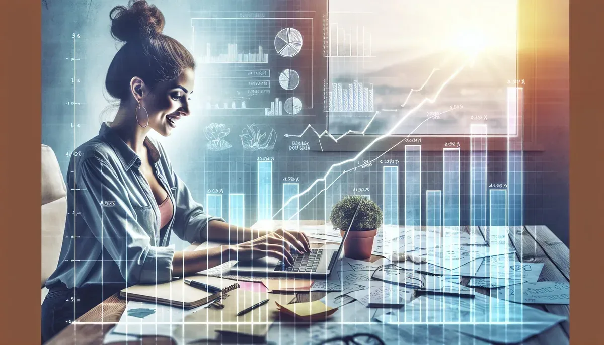 An image showing a blogger working enthusiastically on a laptop surrounded by notes and charts illustrating growth trends, with a bright window indicating optimism and progress.
