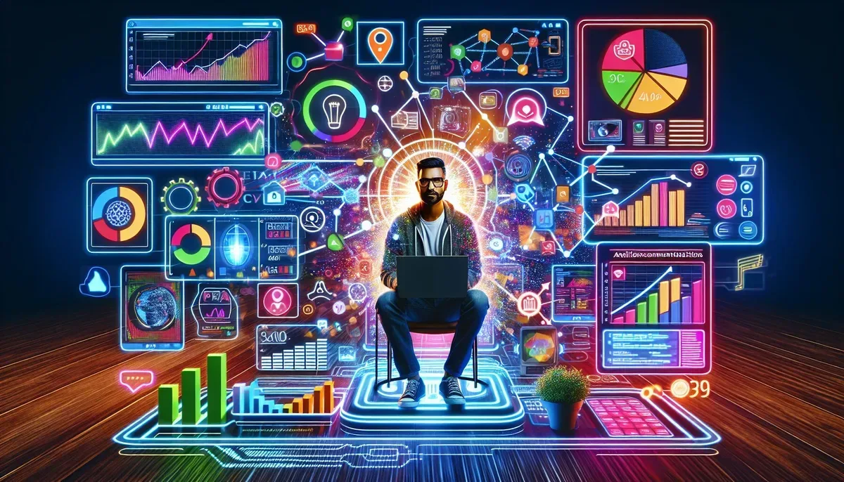A vibrant digital workspace featuring a blogger surrounded by multiple screens displaying analytics graphs, social media feeds, AI content suggestions, and a growing subscriber count chart, symbolising the dynamic process of scaling a blog.