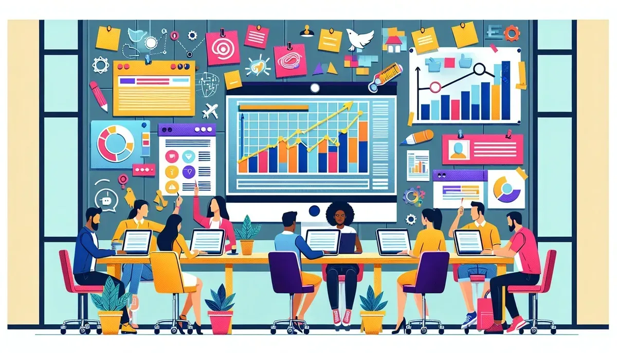 A vibrant office scene showing a team collaborating on content creation; laptops displaying a website dashboard with graphs indicating rising traffic; colourful sticky notes on a wall representing a content calendar.