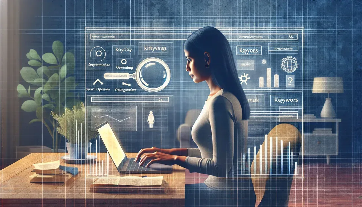 An image showing a person typing on a laptop with a website analytics dashboard visible on the screen; surrounding them are icons representing keywords, graphs showing growth trends, and a magnifying glass symbolising search optimisation.