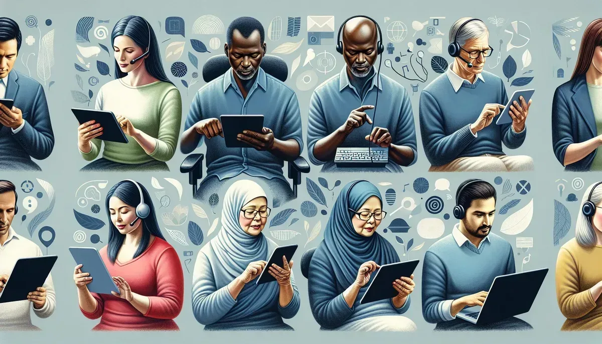 A diverse group of people using various devices—laptops, tablets, smartphones—with visible assistive technology such as screen readers or voice commands in action, symbolising inclusive web access and engagement.