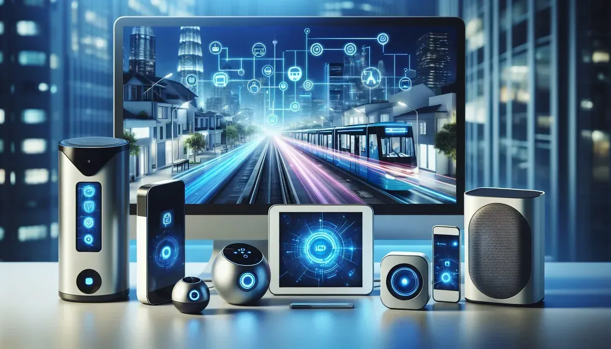 A modern smart home setup featuring various devices illuminated by soft blue LED lights, with a backdrop of a cityscape showing a brightly lit blue transit map on a digital display.