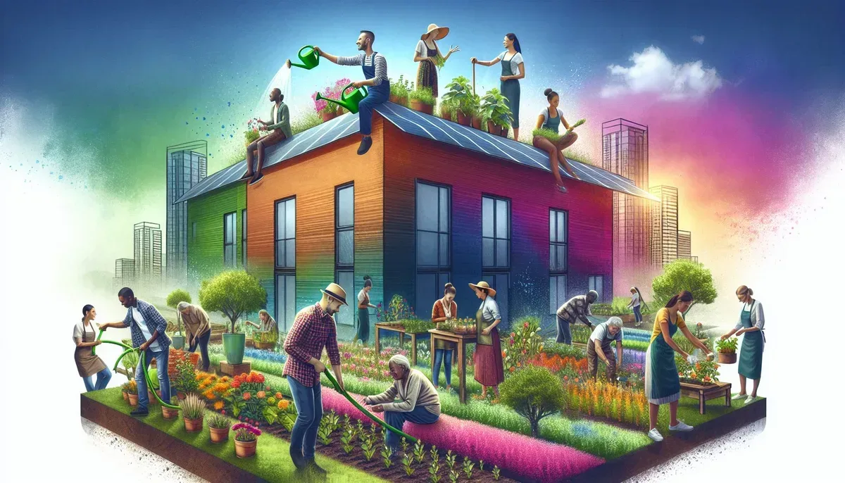 A vibrant community garden featuring a diverse group of people tending to plants alongside solar panels installed on custom-designed rooftops, illustrating the blend of personalised green technologies with everyday sustainable living.
