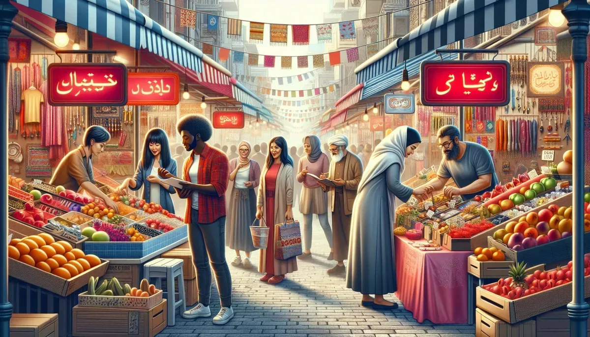 A vibrant street market scene featuring various small business stalls adorned with bold red signage and packaging, bustling with customers engaging enthusiastically under warm daylight.