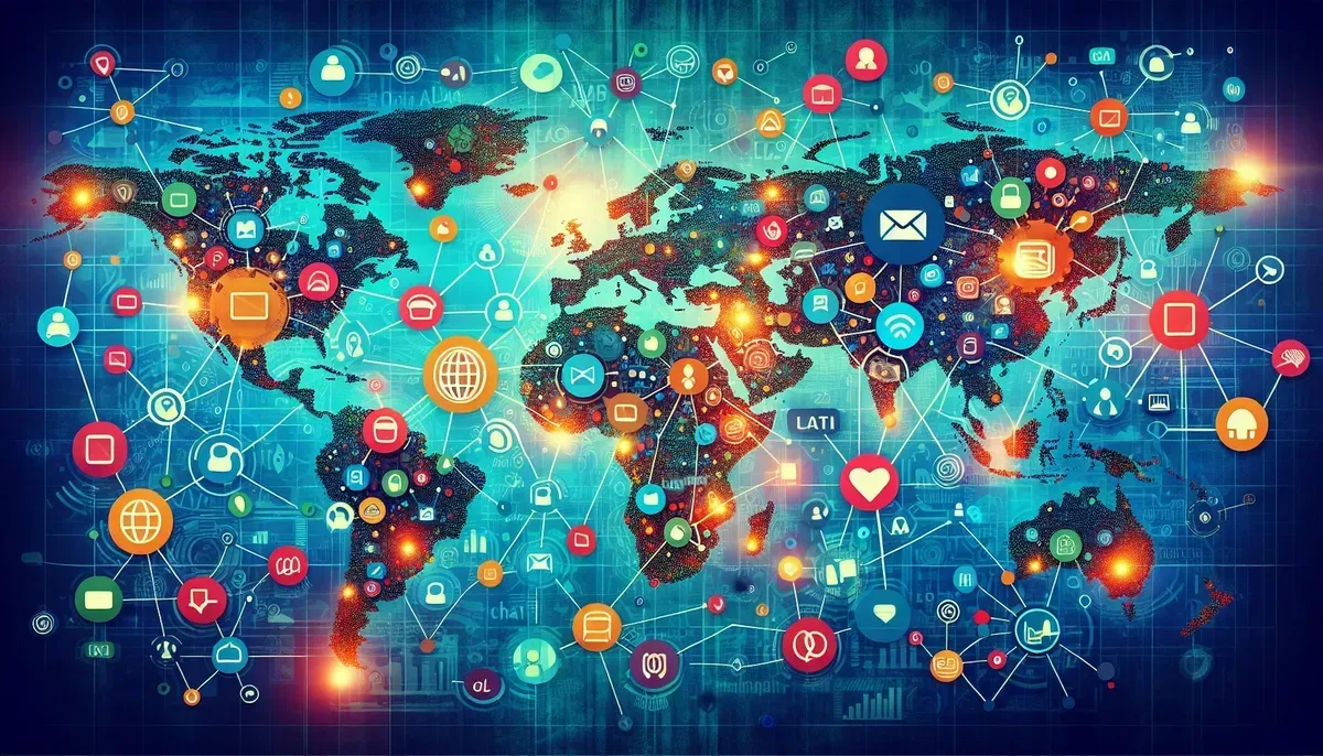 A vibrant world map overlaid with interconnected digital icons representing marketing channels like email, social media, chatbots, and analytics, symbolising global connectivity through HubSpot Marketing.