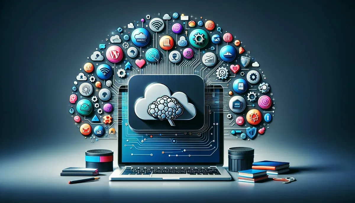A sleek dashboard interface of the WordPress backend displayed on a laptop screen surrounded by icons representing cloud storage, social media platforms, AI tools, and security shields illustrating integration and protection.