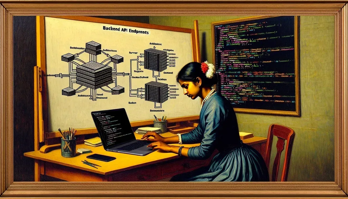 A modern workspace with a developer coding on a laptop displaying backend API endpoints on the screen; behind them, a whiteboard shows architectural diagrams of server interactions and database schemas, symbolising backend development concepts.