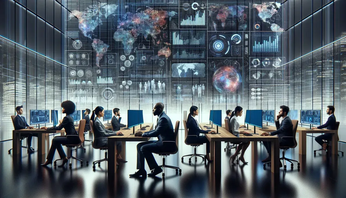 A futuristic office setting showing diverse professionals interacting with large transparent digital screens displaying complex backend website dashboard analytics, including graphs, real-time data streams, AI insights, and global connectivity maps.