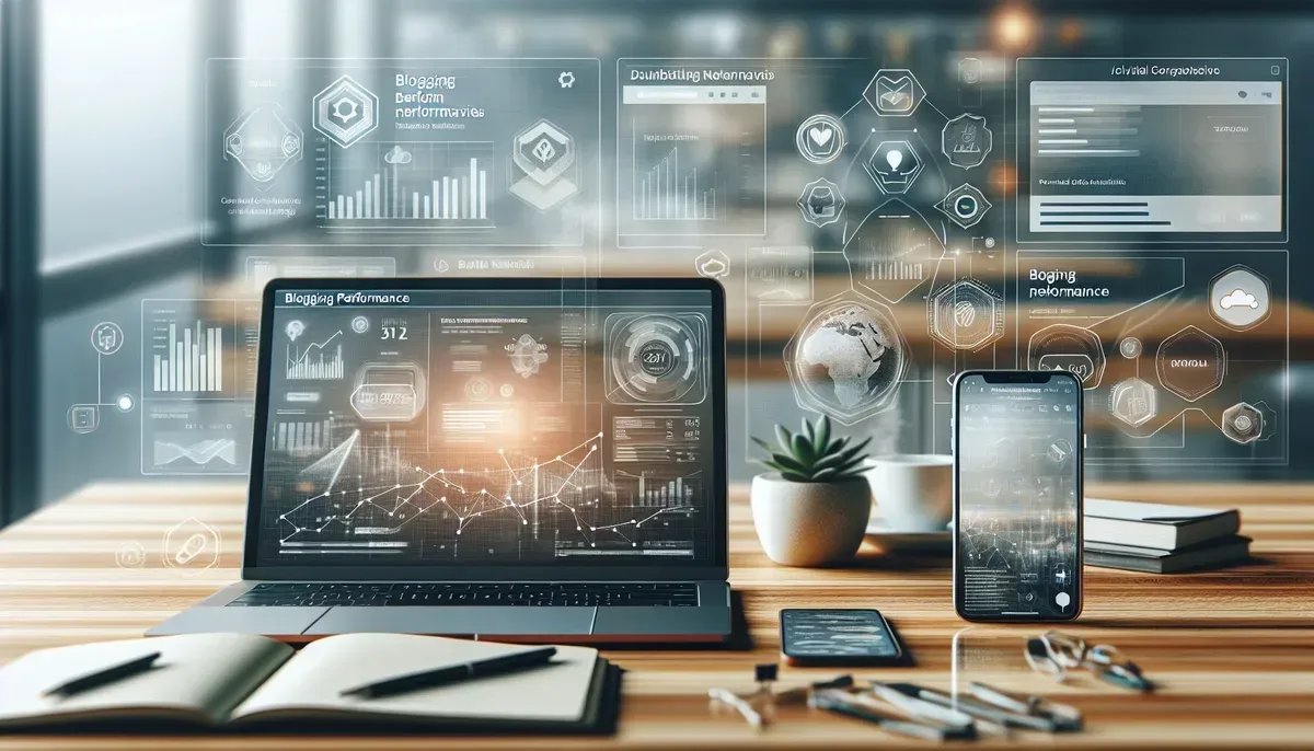 A modern workspace featuring a laptop displaying the HubSpot blogging dashboard alongside a smartphone showing blog performance analytics; in the background, notifications from Slack and Google Analytics pop up on other devices, illustrating seamless integration of daily tech tools.