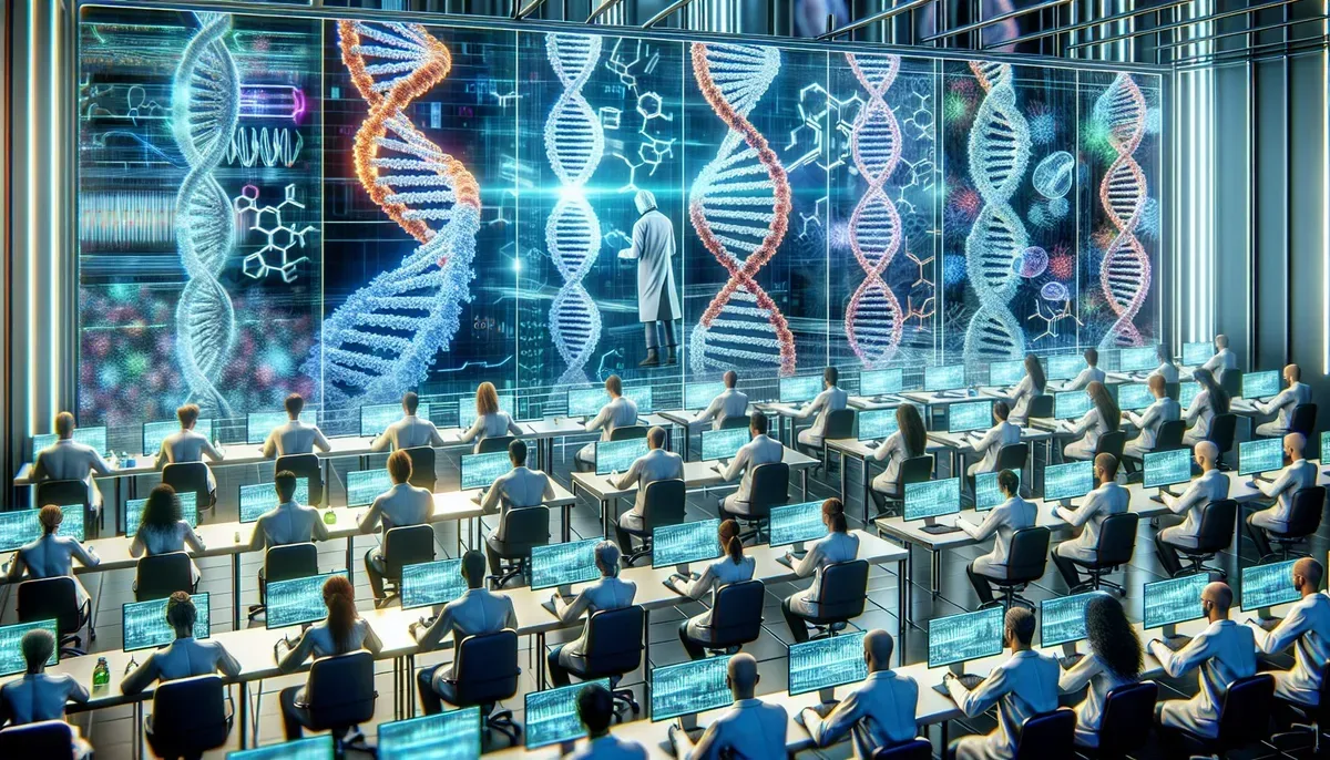 A high-resolution image depicting scientists in a modern laboratory using CRISPR technology on DNA strands visualised on computer screens, illustrating gene editing with glowing markers highlighting target sequences.