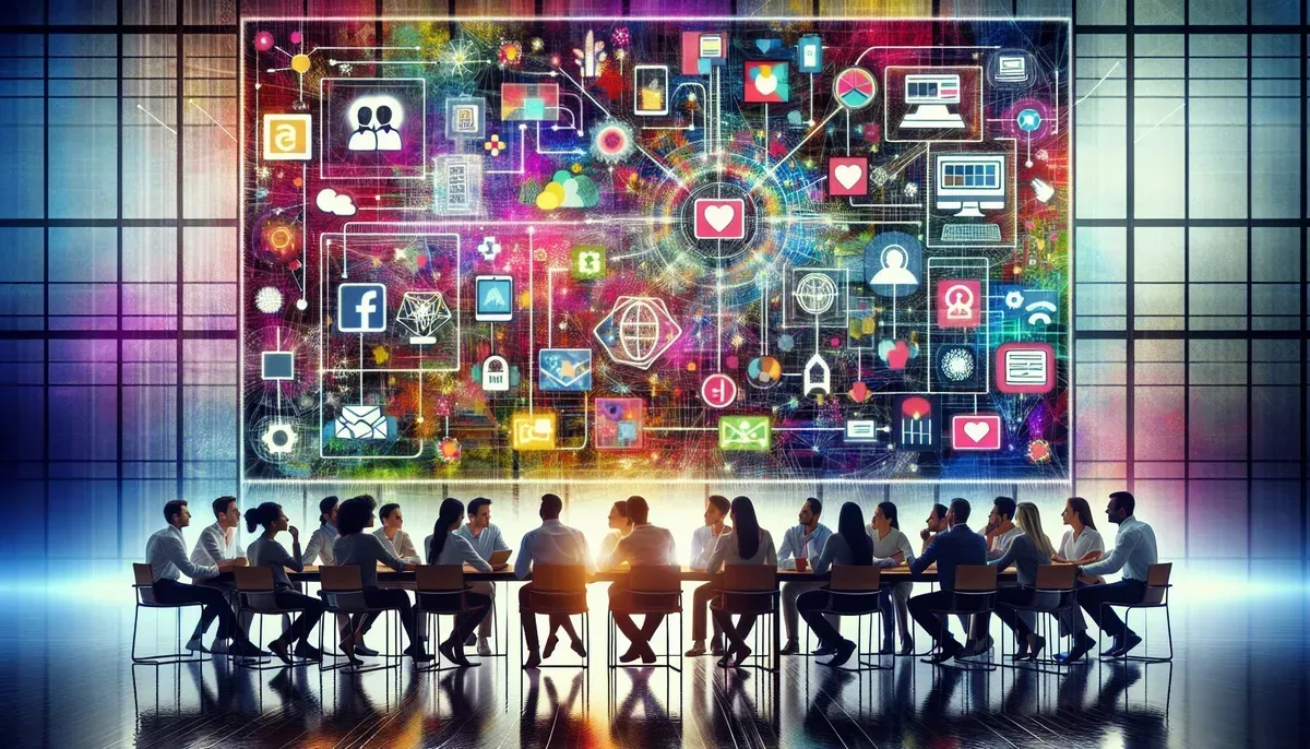 A vibrant digital workspace showing diverse teams collaborating around a large touchscreen displaying the HubSpot Marketplace interface with various app icons interconnected by lines symbolising integration and connectivity.