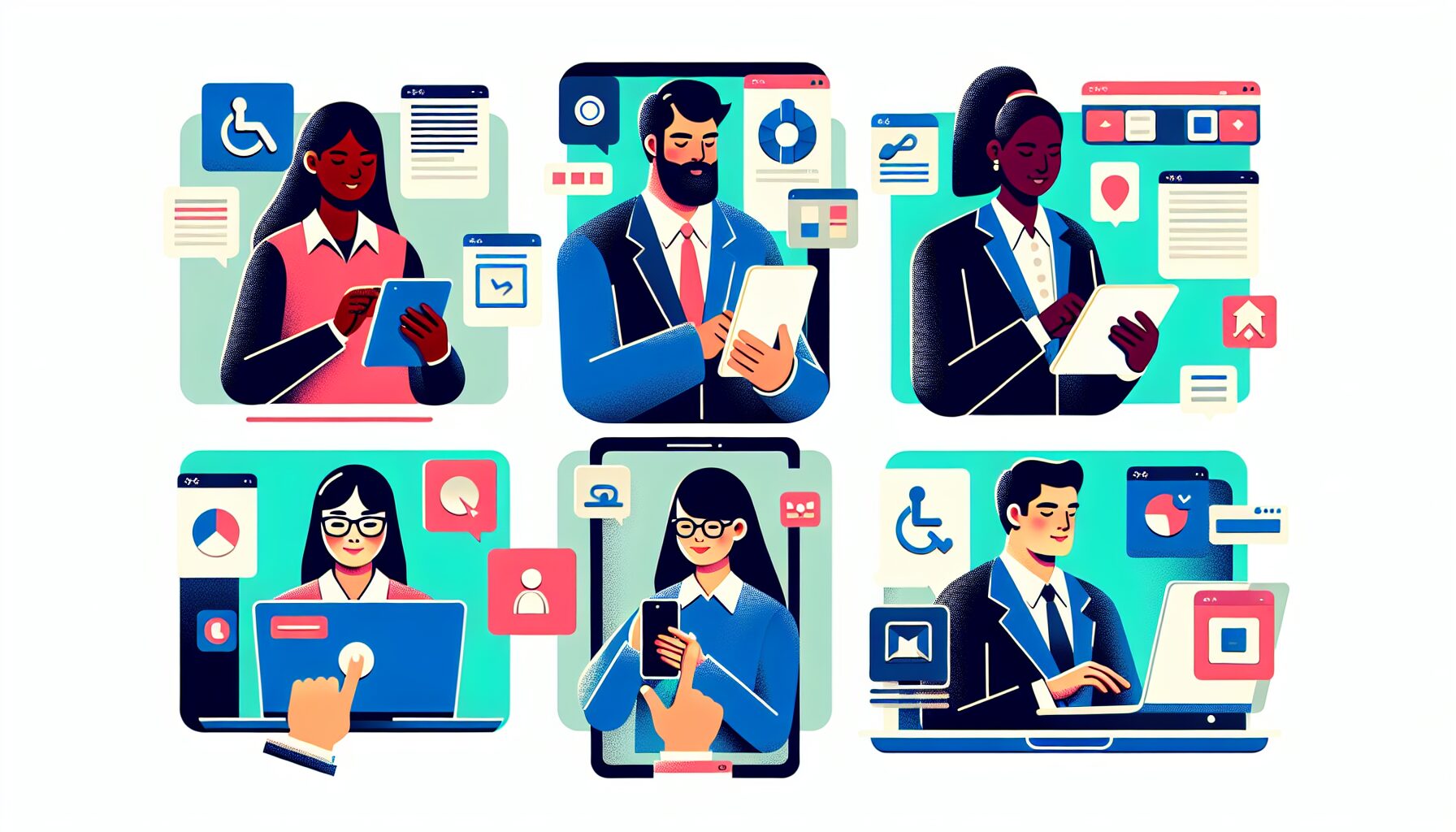 A vibrant illustration showing a diverse group of professionals using various devices (laptops, tablets, smartphones) with overlays highlighting accessibility features such as screen readers, high-contrast modes, and keyboard navigation icons within a HubSpot app interface.
