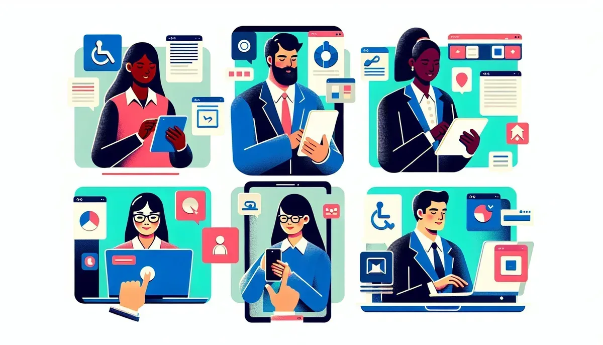 A vibrant illustration showing a diverse group of professionals using various devices (laptops, tablets, smartphones) with overlays highlighting accessibility features such as screen readers, high-contrast modes, and keyboard navigation icons within a HubSpot app interface.