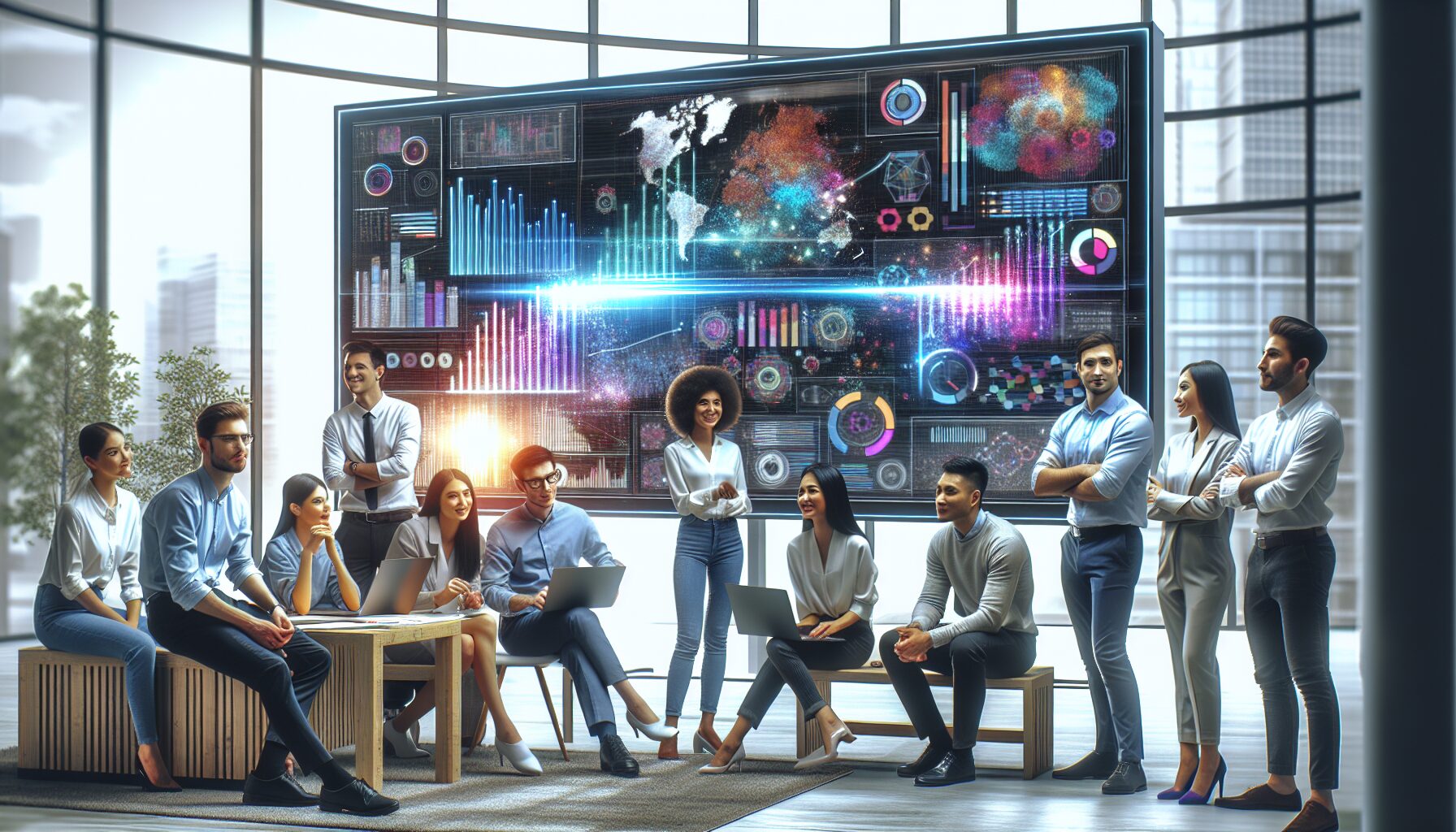 A modern office scene showing a diverse team collaborating around a large digital screen displaying HubSpot's dashboard with colourful graphs and automated workflow diagrams, symbolising the integration of technology and teamwork in automated marketing.