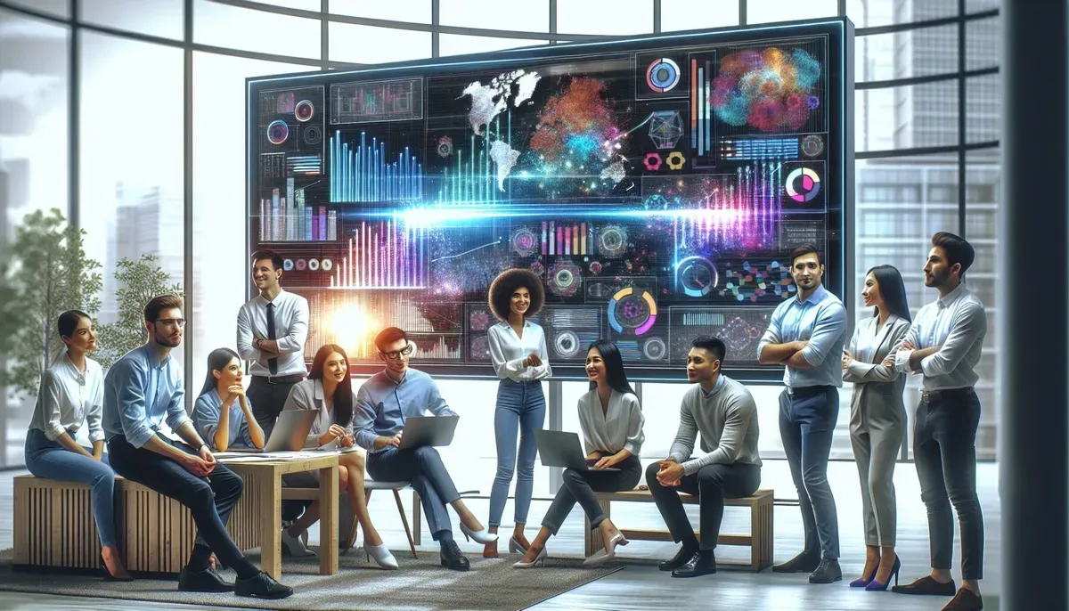 A modern office scene showing a diverse team collaborating around a large digital screen displaying HubSpot's dashboard with colourful graphs and automated workflow diagrams, symbolising the integration of technology and teamwork in automated marketing.