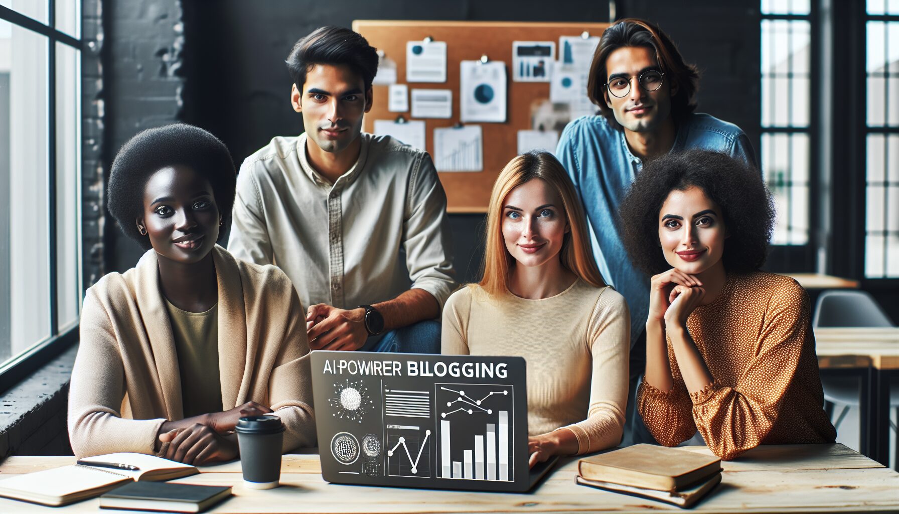 A modern workspace showing a diverse team of marketers collaborating around a laptop displaying HubSpot’s AI-powered blogging dashboard with charts and content suggestions visible.