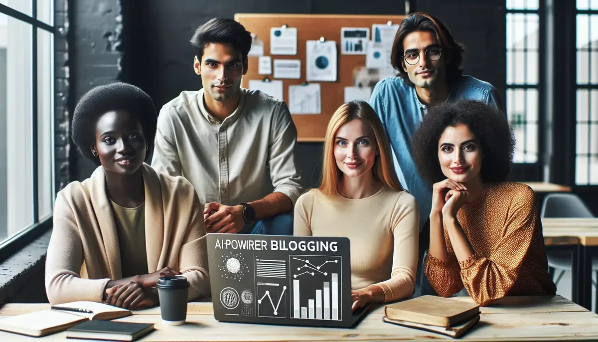 A modern workspace showing a diverse team of marketers collaborating around a laptop displaying HubSpot’s AI-powered blogging dashboard with charts and content suggestions visible.