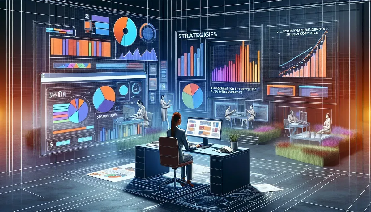 A modern office setting showing a marketer analysing HubSpot SEO analytics on a computer screen, with graphs displaying keyword rankings and website traffic trends alongside notes highlighting trust-building strategies.