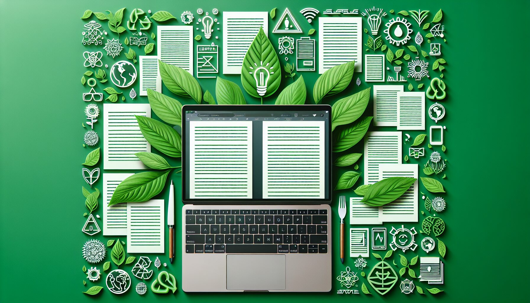 An image showing a laptop displaying a WordPress dashboard with AI-generated article drafts on screen, surrounded by green leaves and eco-friendly icons symbolising sustainability and technology harmony.
